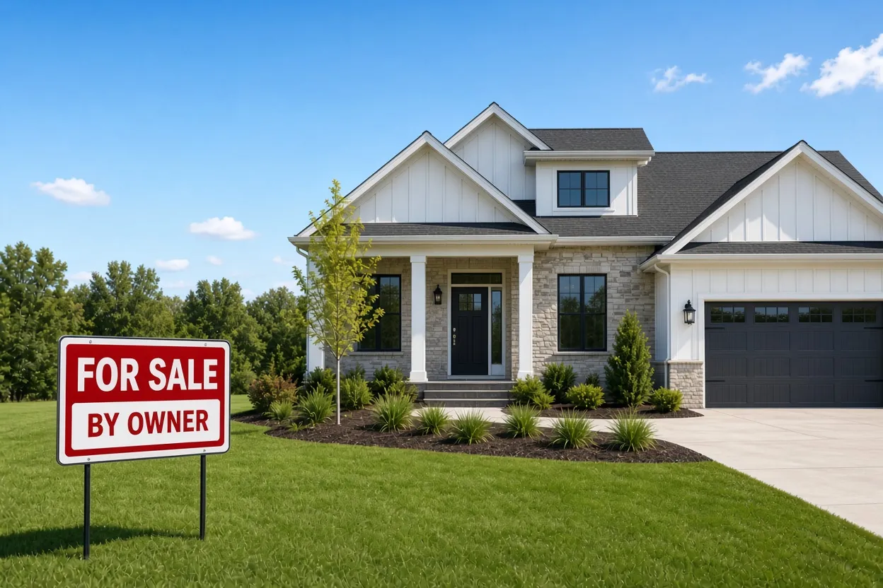 Modern craftsman-style home with white board-and-batten siding, stone accents, and a dark garage door, with a red and white For Sale By Owner yard sign on the lawn, representing FSBO homes in Idaho Falls, Rexburg, Rigby, Ammon, Shelley, Blackfoot, and surrounding areas